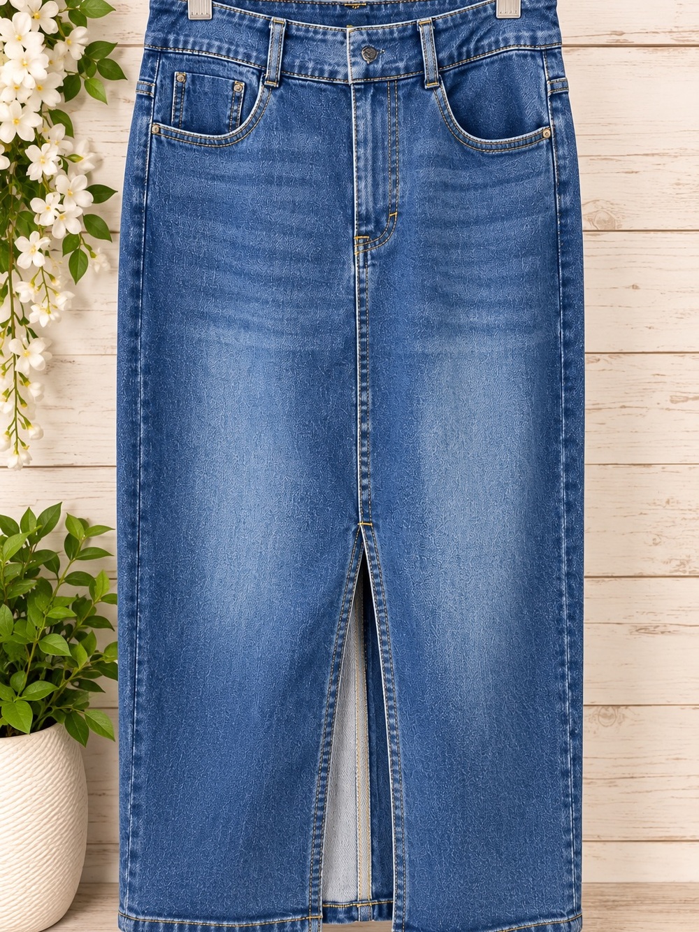NWT Halara Flex Denim Midi Skirt Medium Stretch 4-Way Stretch